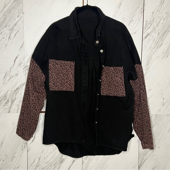 Leopard Black Cotton Button Denim Jacket SZ L - Picture 2 of 6